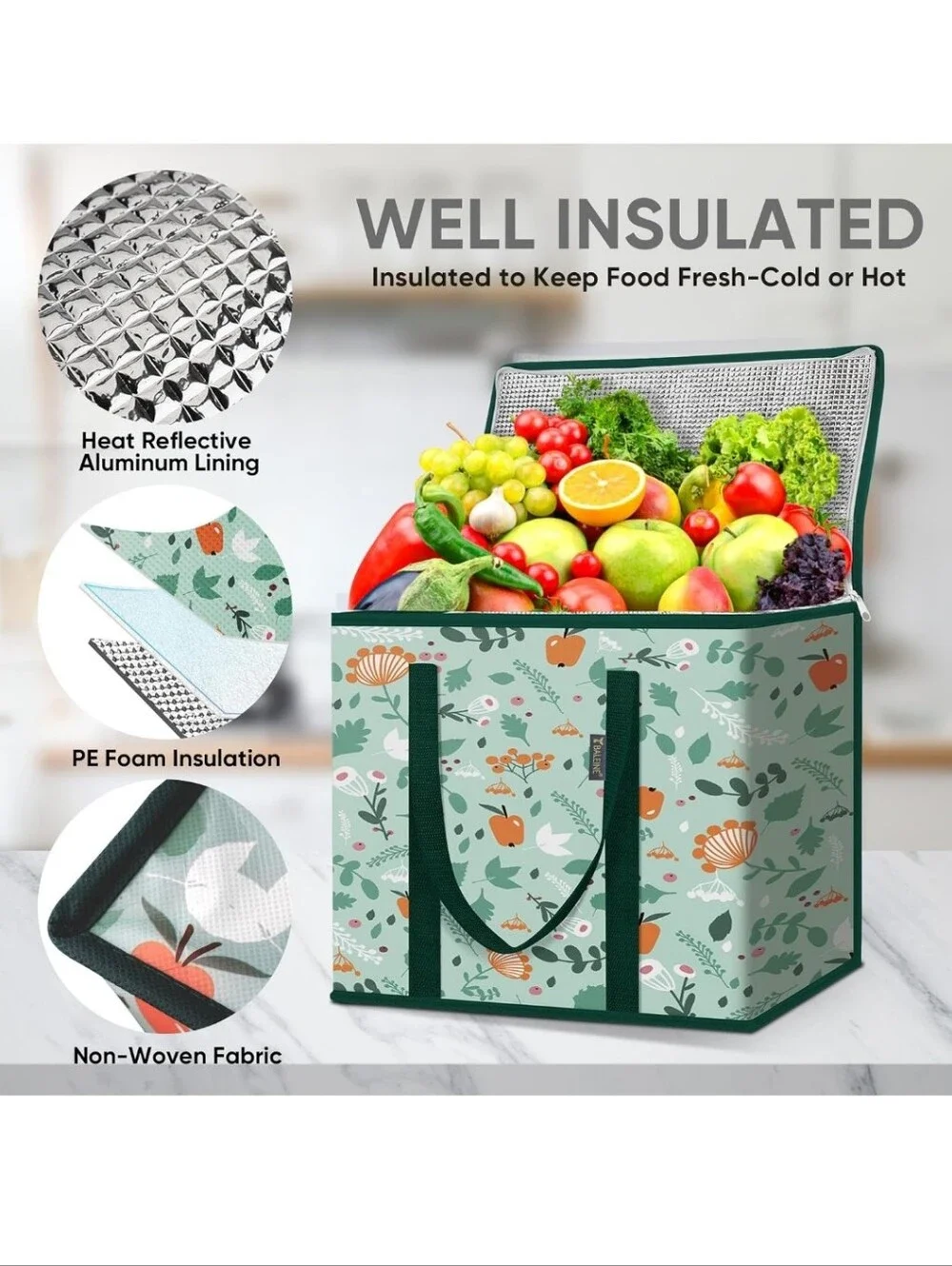 Insulated Floral Print Storage Tote Bag - Green