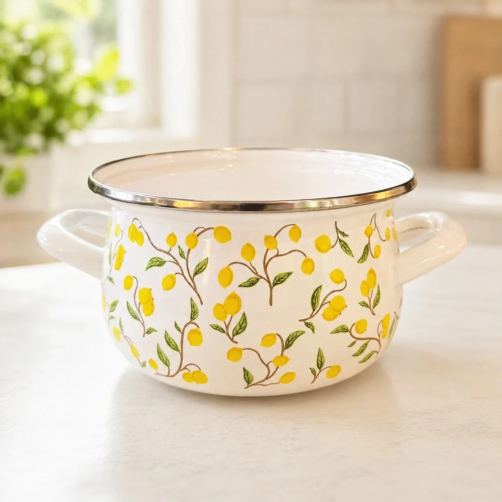 Crofton Enameled Steel Casserole‎ Dish Lemon Pattern Oven Safe 500F White Yellow