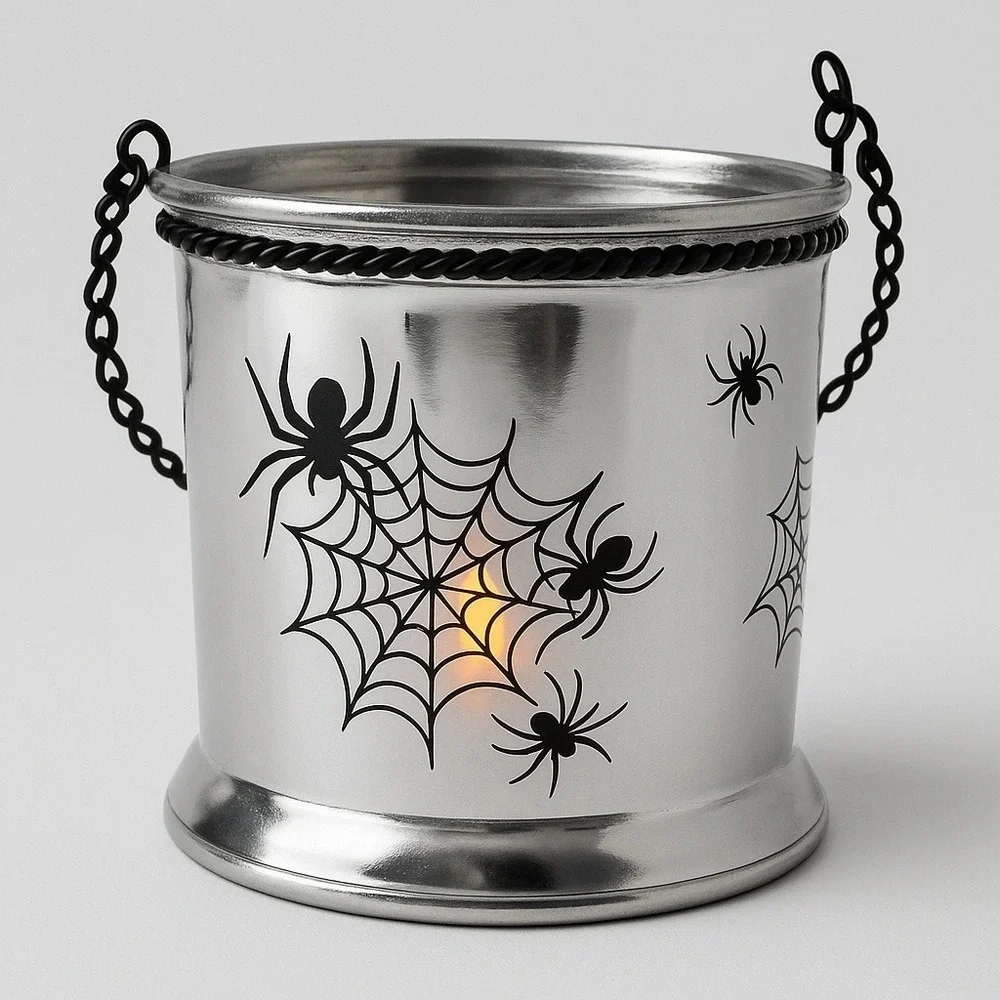 Halloween‎ Spider Web Candle Holder Lantern, Silver Glass Decoration
