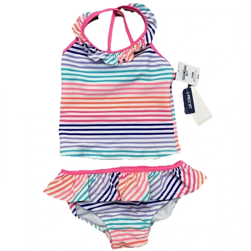 🆕Oshkosh baby girls two piece pastel‎ multicolor striped swim suit 24 mos NWT