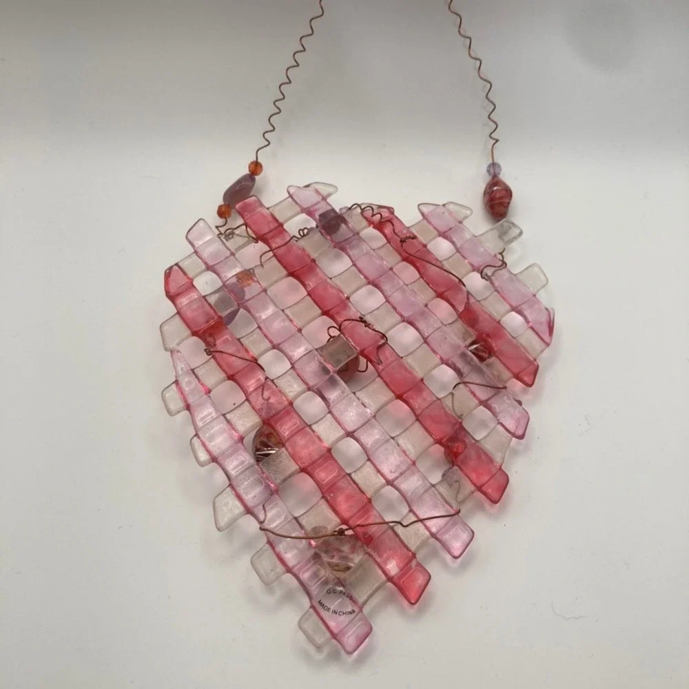 Fused Glass Heart Wall‎ Hanging Red/Pink Beaded with Copper Wire