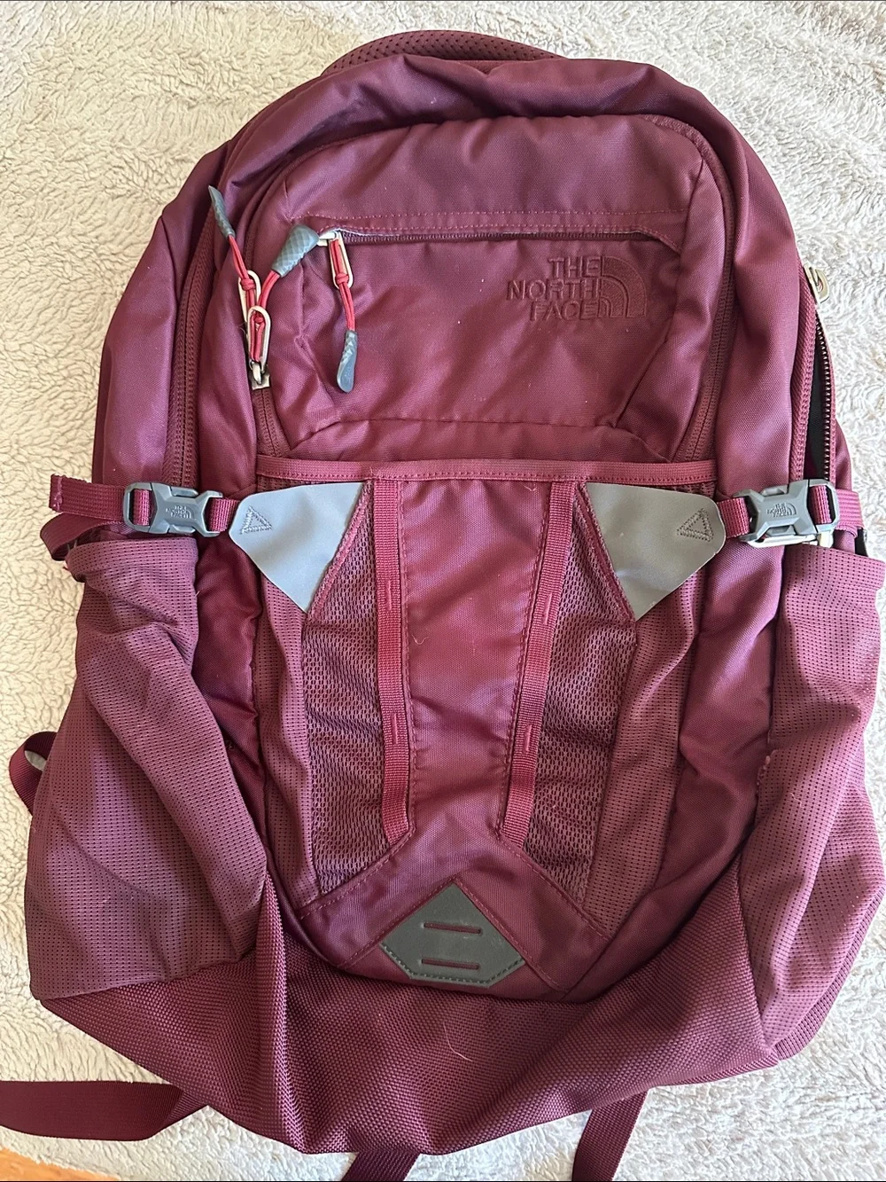 The North Face Maroon Backpack with Gray Accents