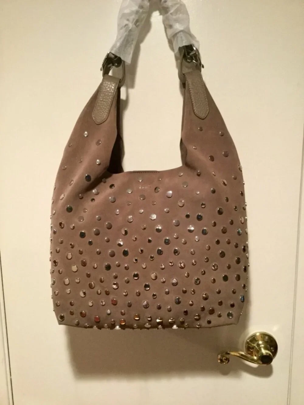 DKNY Wes Desert Beige Studded Suede Hobo Purse Handbag NWT $498