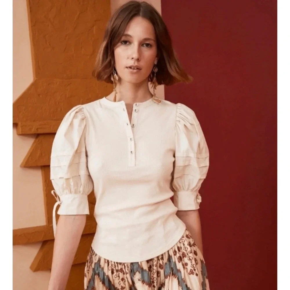 Ulla Johnson Iman Puff Sleeve Top in Cream Size Large Feminine Quiet Luxury