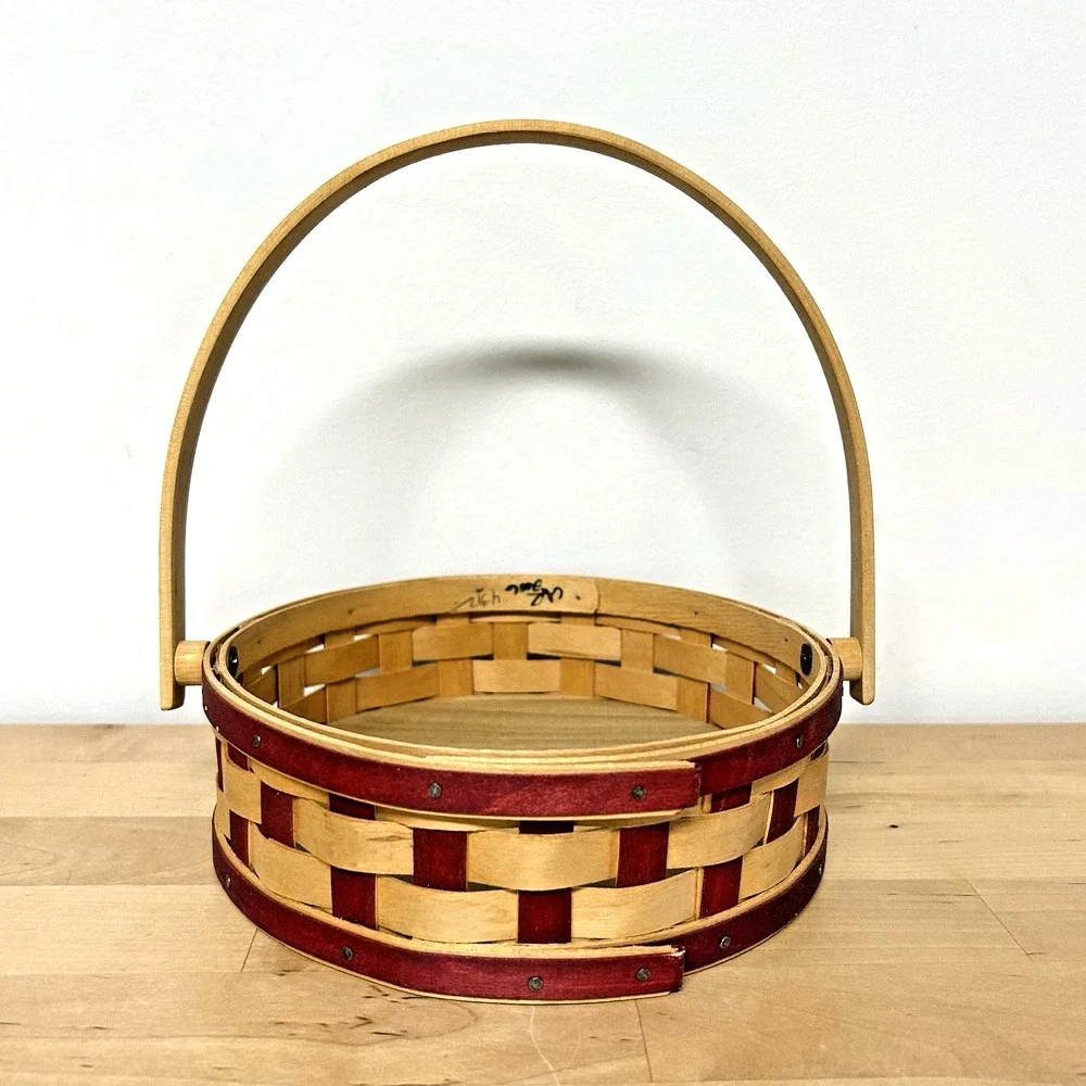 Vtg Longaberger Small Pie Basket Cherry Red Checkered Woven Swing Handle 2006