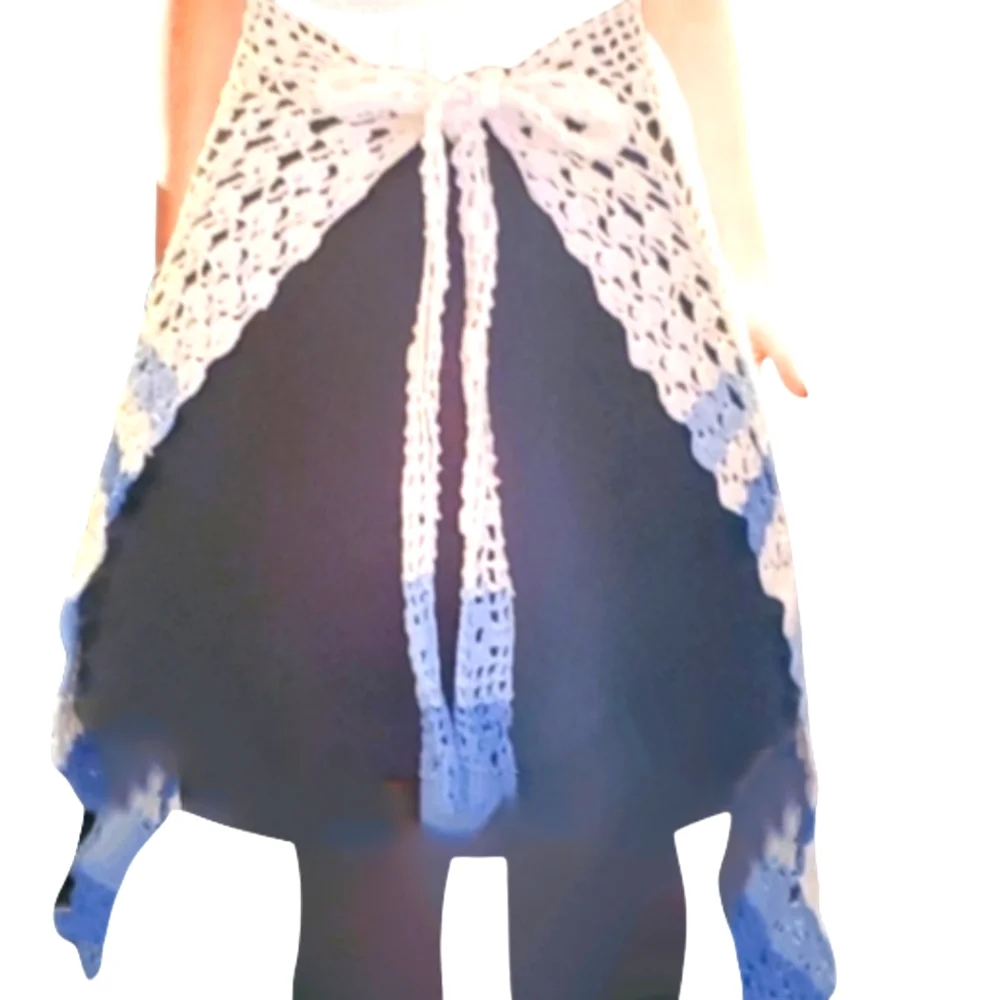 Handmade Crocheted Woman's Skirt Style Womens Apron Blue and White Ties in Back