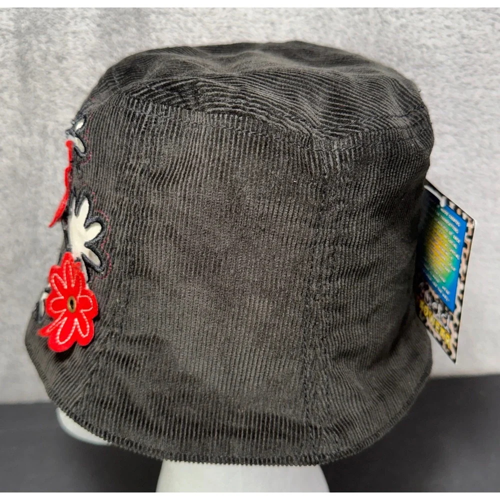 Mudd‎ Bucket Hat Girls OS Black Corduroy Floral Applique Y2K Vintage NWT