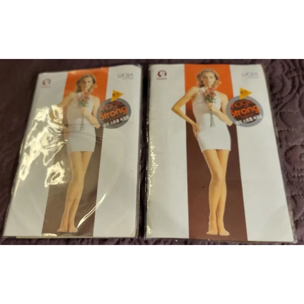 2 PR Vtg Venus Support Stockings Thigh-Hi Very Sheer Lycra Tan & Cream Korea
