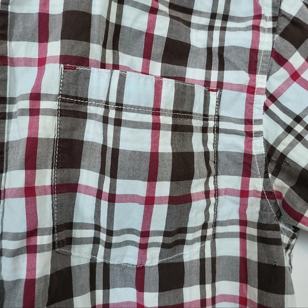 Gymboree Boys Brown Red White Plaid‎ Short Sleeve Button Shirt Boys Large 10/12