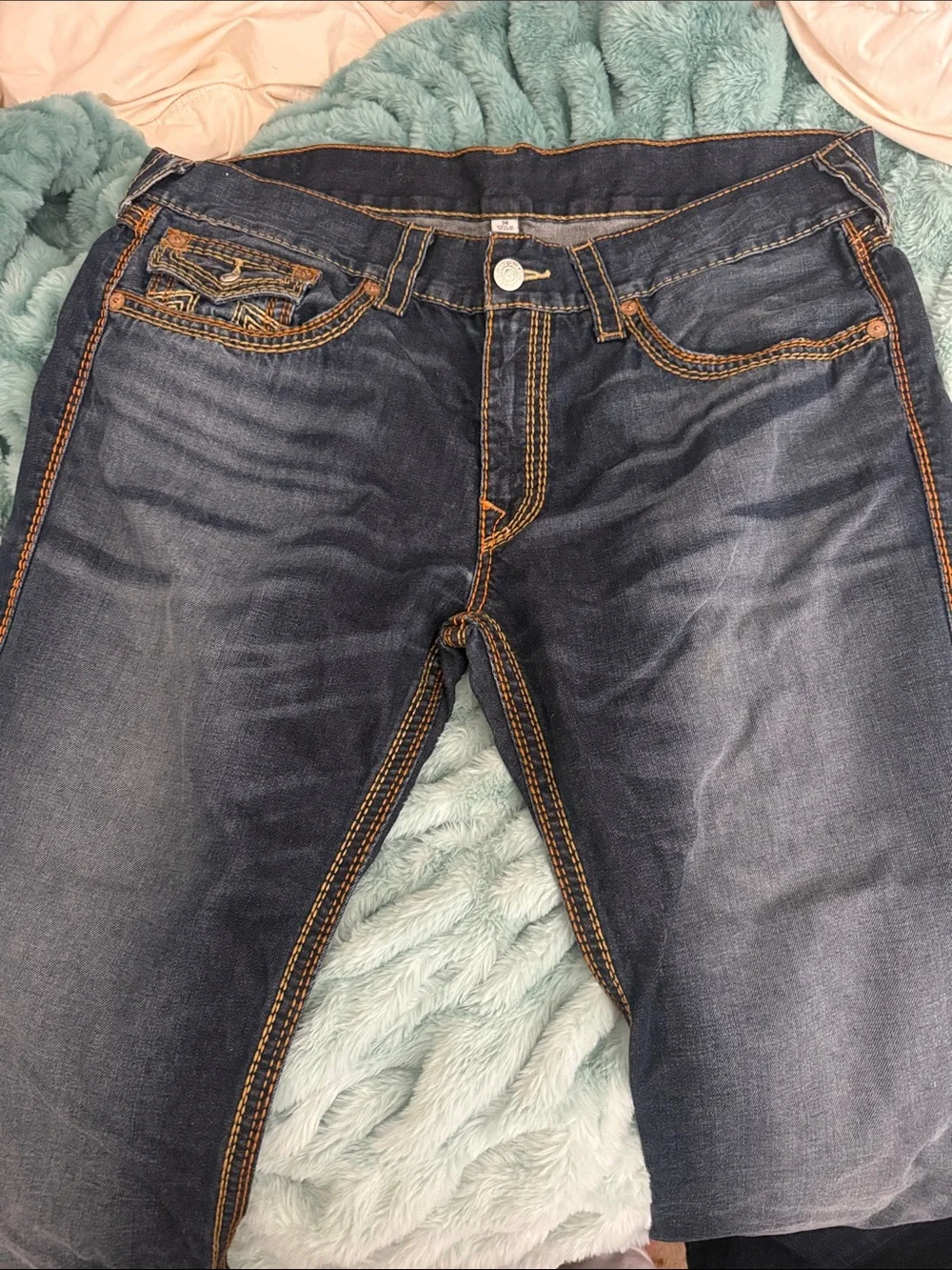 True Religion Men's Dark Blue Jeans with Orange Contrast Stitching