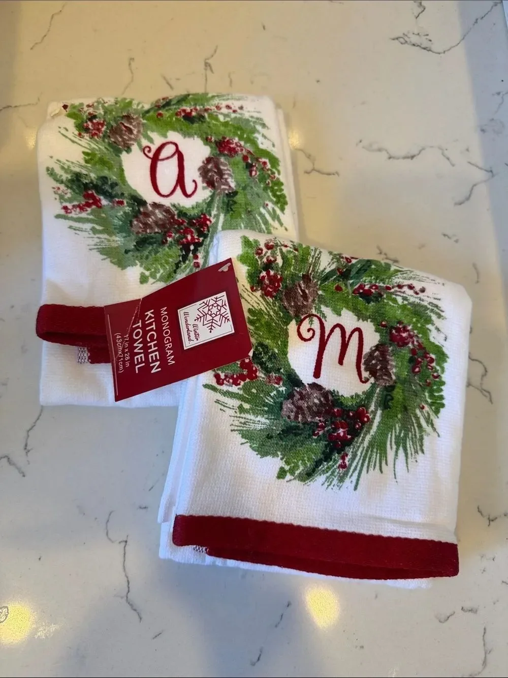 WONDERLAND Red and Green Monogram Holiday Kitchen Towel set 2