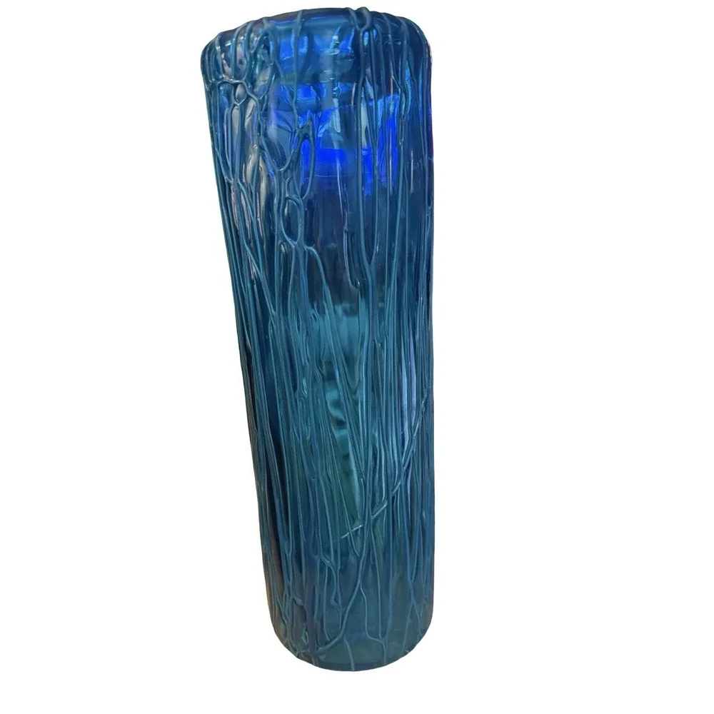 Vintage Studio Art Blown Glass Vase Seaweed Viens Pattern with Rolled Rim 14