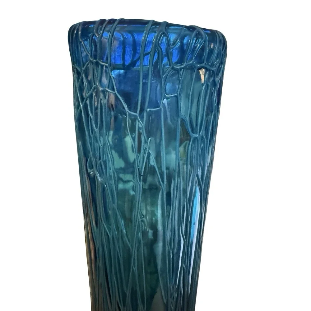Vintage Studio Art Blown Glass Vase Seaweed Viens Pattern with Rolled Rim 14