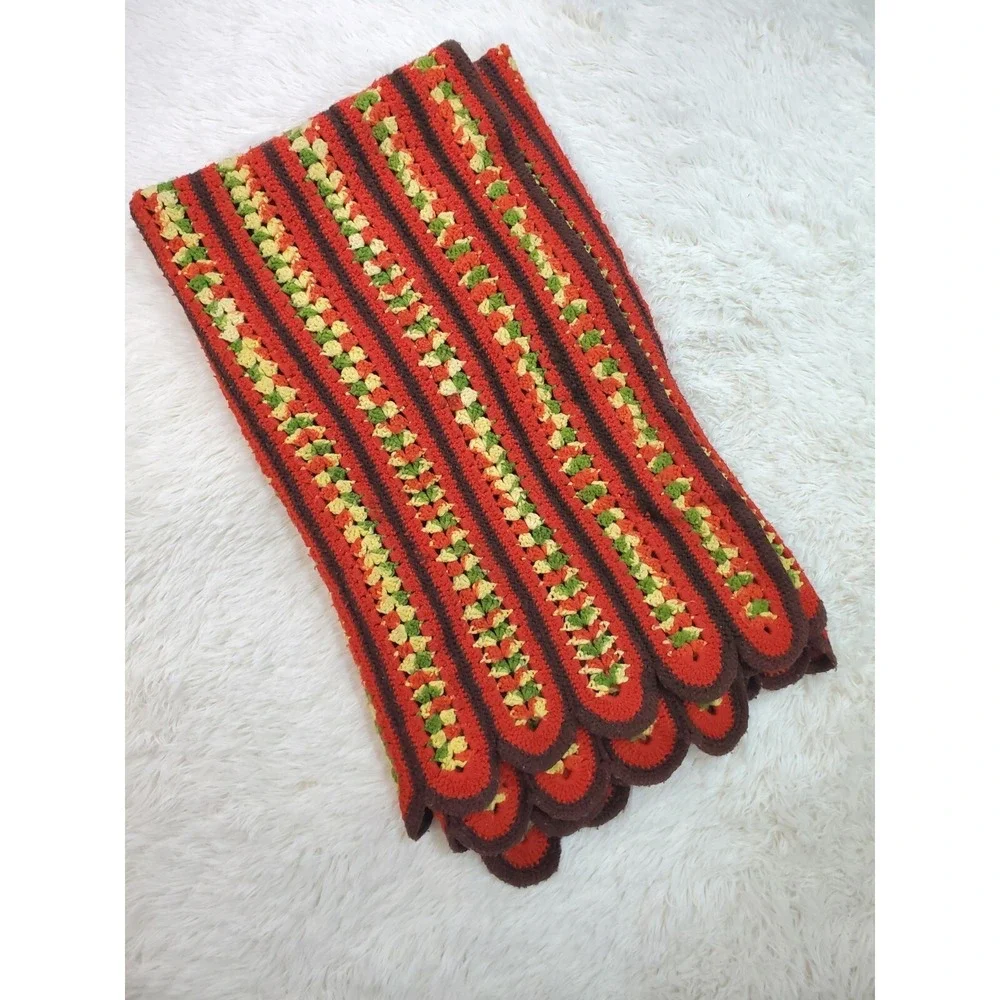 Vintage‎ Afghan 70s Throw Blanket Scalloped Red Yellow Brown Green Stripe 59x50