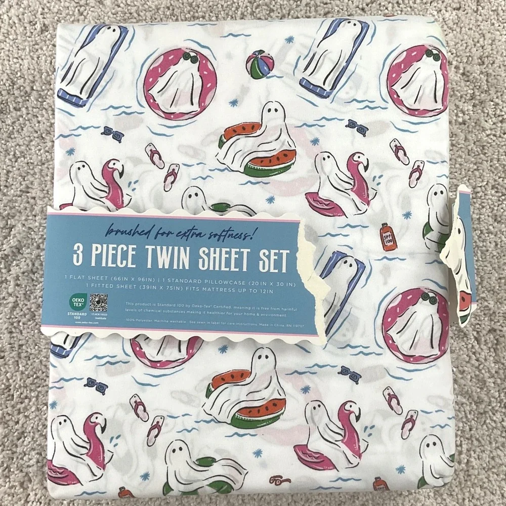 Envogue Ghost Pool Party 3 Piece Twin Sheet Set Summerween Spooky Softness NEW