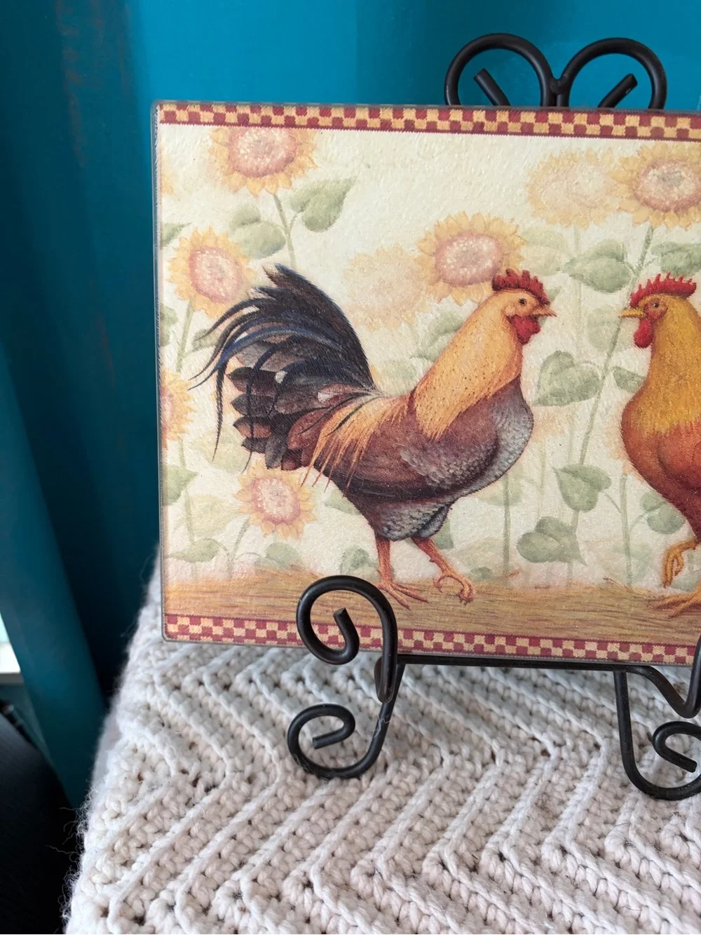 Vintage Rooster and Sunflower Design Tempered Glass Cutting Board