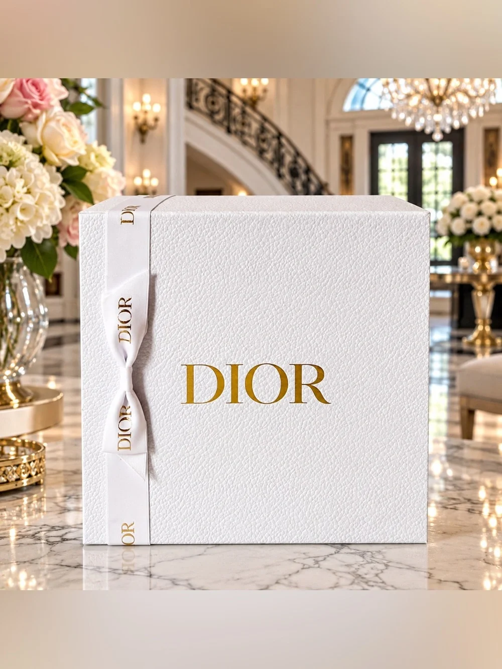 New Dior Medium Gift Box 9x9x4.5” White Textured Gold Logo Ribbon Holiday Card