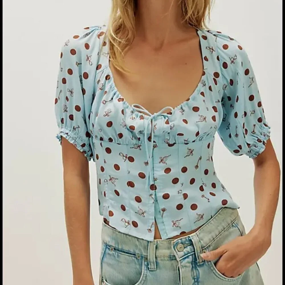NWT Free People Buttercup Printed Top in Blue Combo
