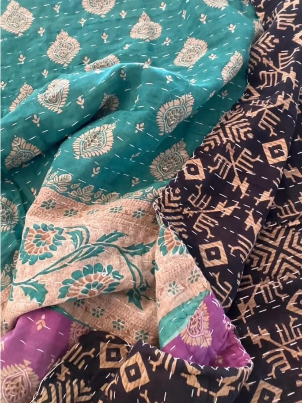 Teal and Purple and Black Quilted Kantha Bedspread