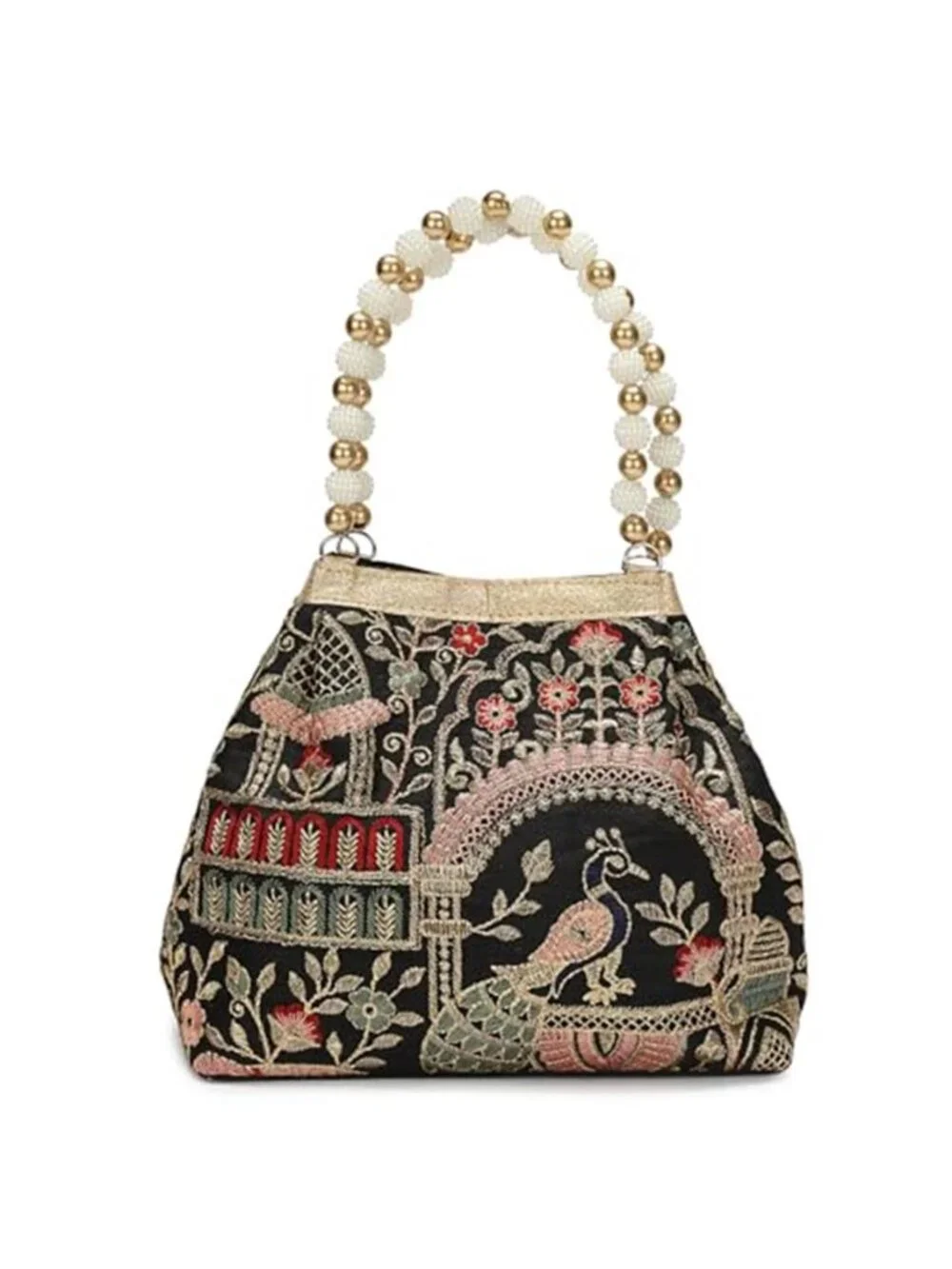 Vintage Peacock Floral Embroidered Potli Bag with Pearl Beaded Handle, Evening