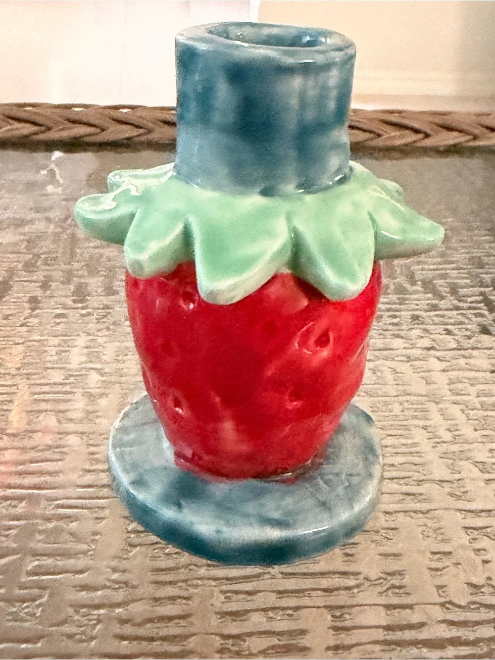Handmade Ceramic Strawberry Candle Holder Fruit Red Green Blue Cottage New