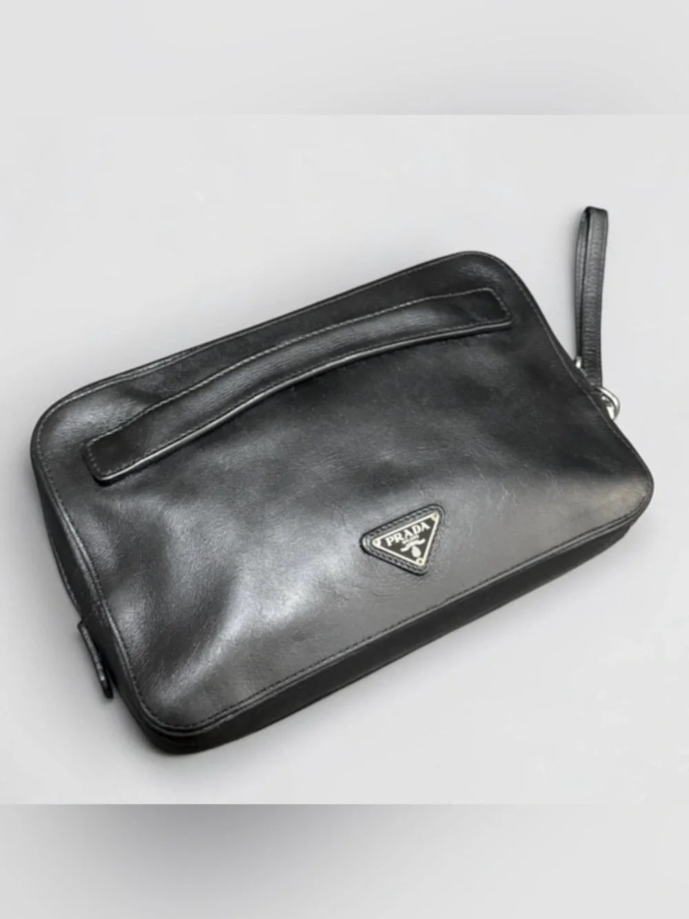 Prada Black Leather Wrist Strap Clutch Double zip Travel Organizer