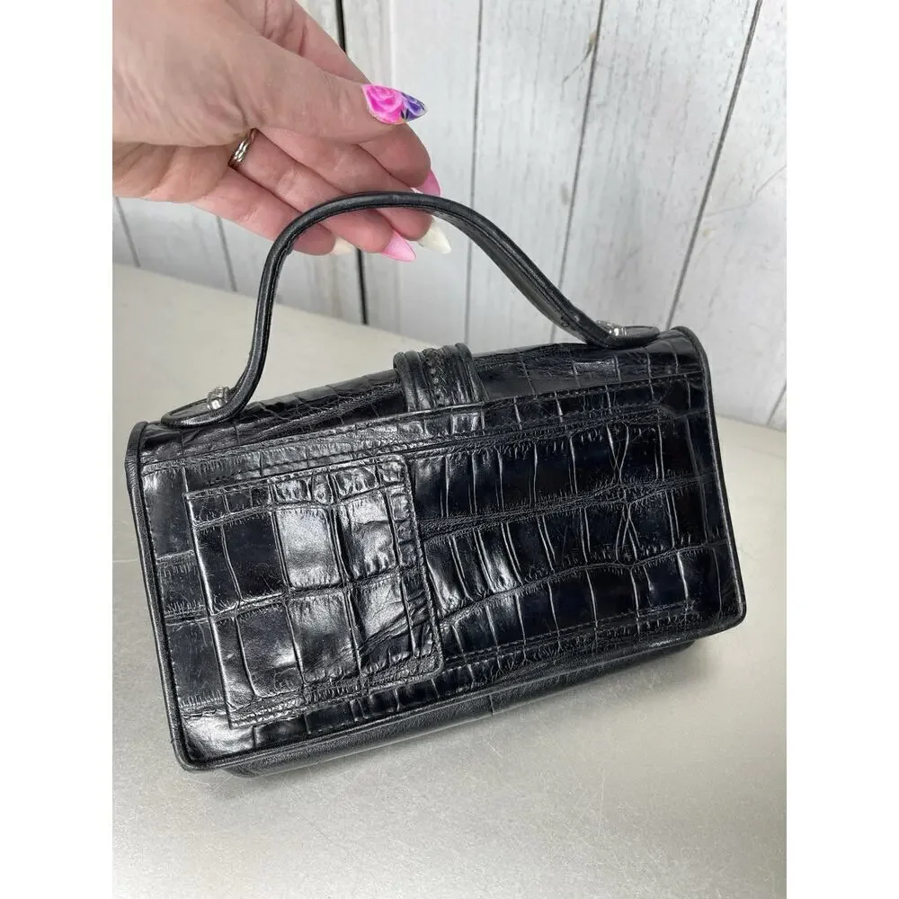 Vintage Brighton Bag Black Croc Leather Top Handle Metal Hardware 90s