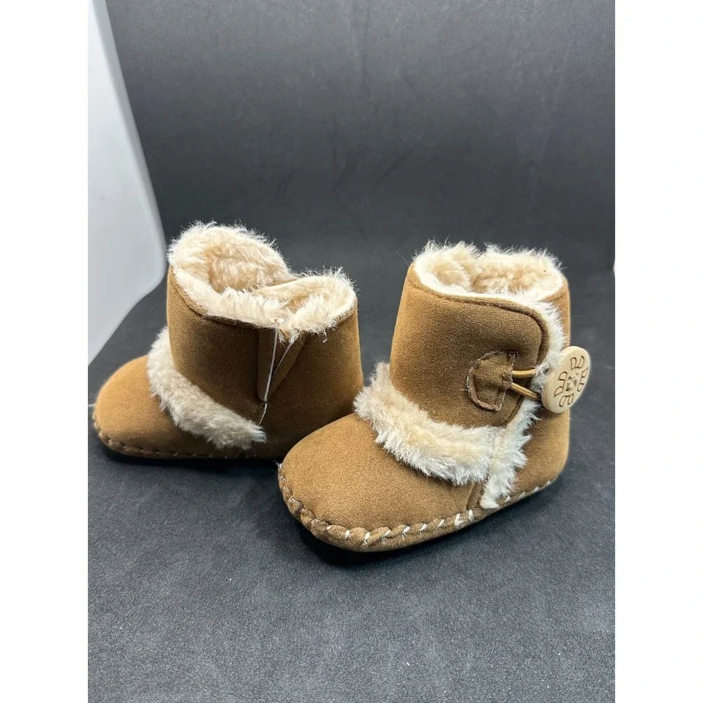 Toddler Baby Girls Boys Brown Suede Faux Fur Lined Boots With Button Accent‎