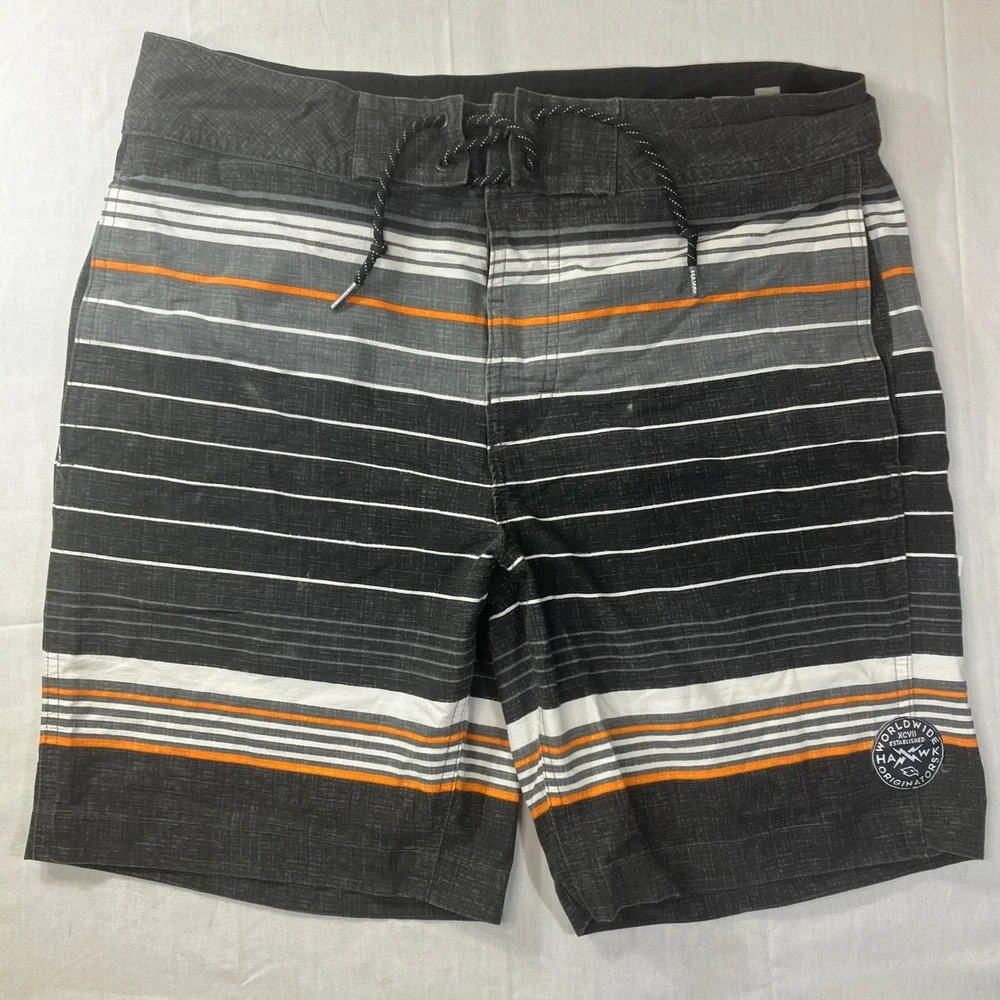 Tony Hawk Mens Board Shorts Size 32 Black Gray Orange Striped Reflex‎ Stretch