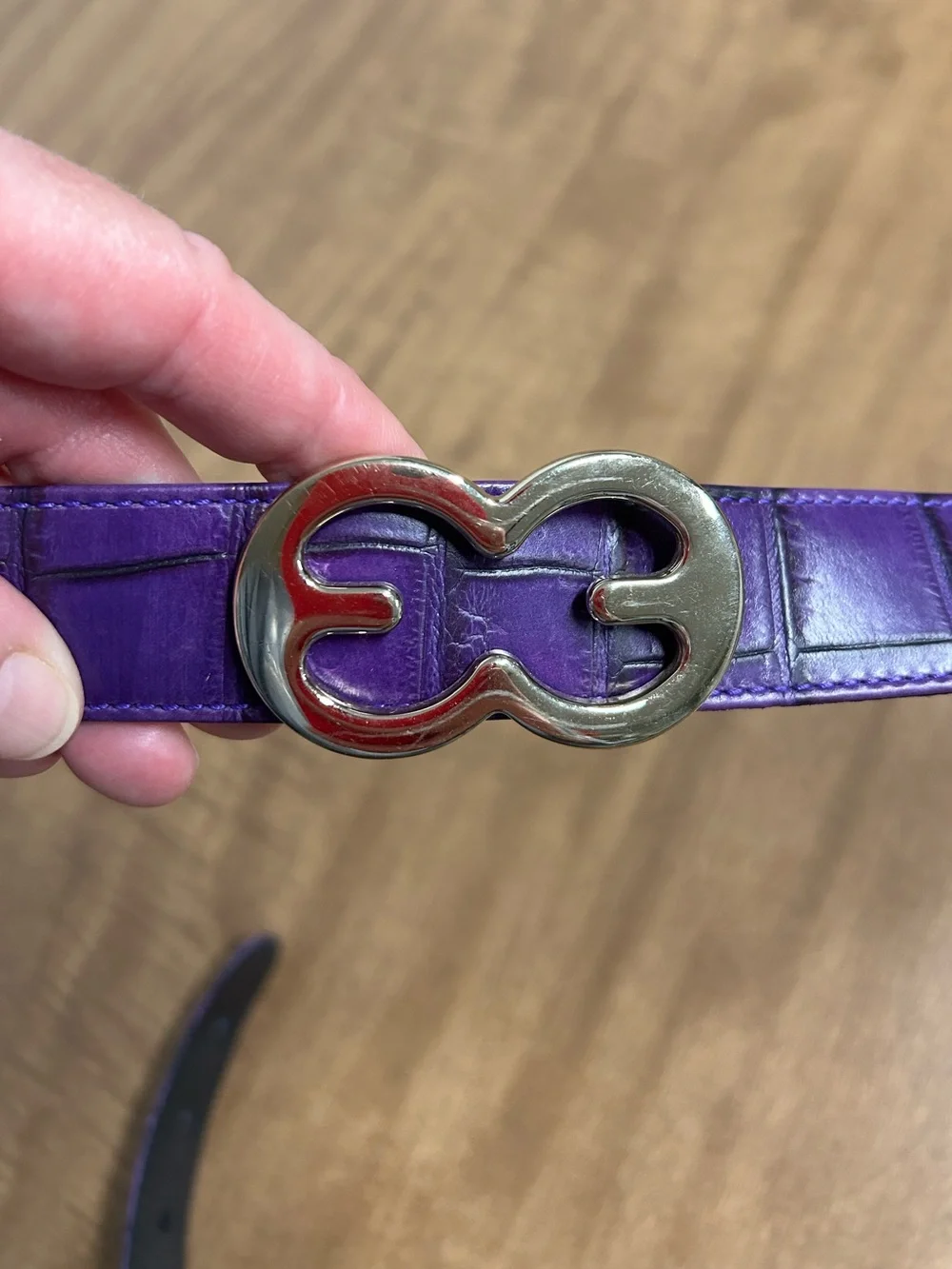 ESCADA Vintage Croc Leather Belt Purple Gold EE Logo Buckle Made in Italy 42 Z