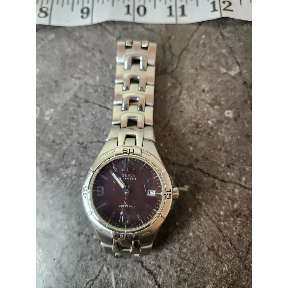 Guess Water Pro Watch Men Silver Tone Black Dial‎ Date