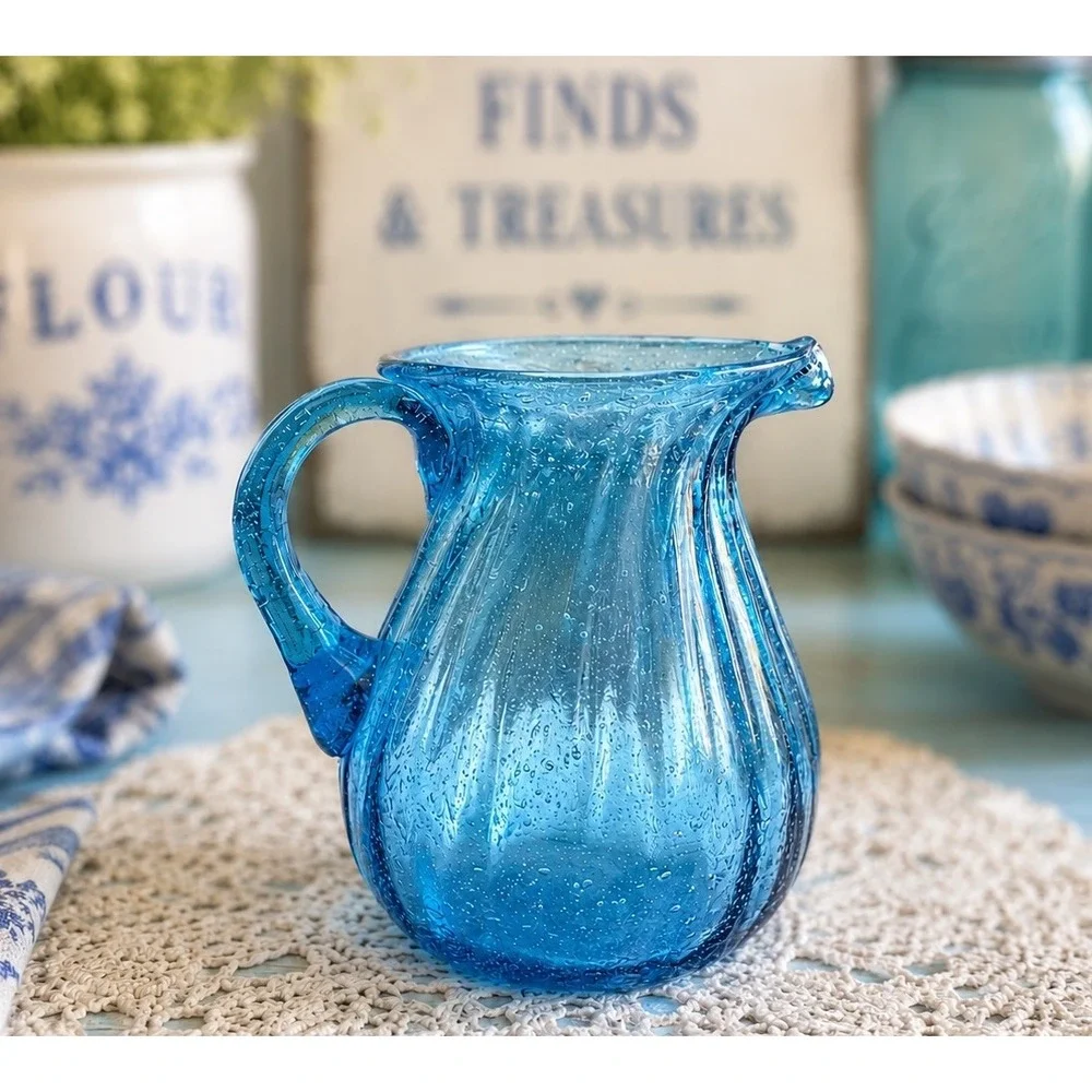 Vintage Aqua Blue Optical Ribbed Bubble Glass Mini Pitcher 4