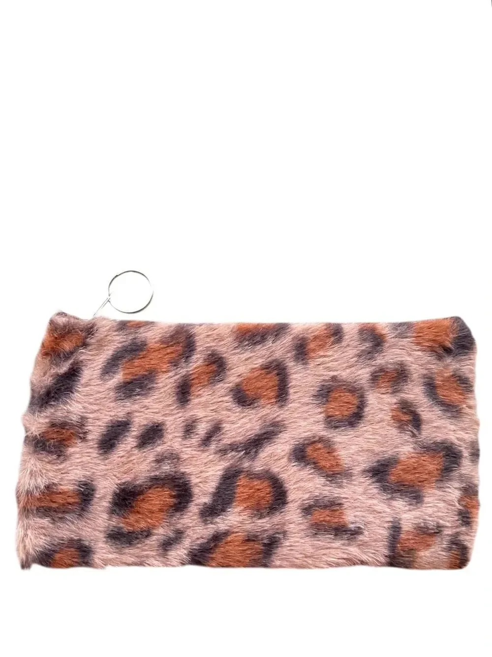 Brown Leopard Print Faux Fur Wristlet Clutch