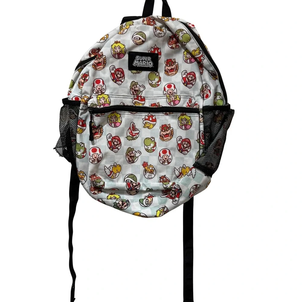 Nintendo Super Mario Bros Character Print Backpack Checkered‎ White Blue Zip Bag