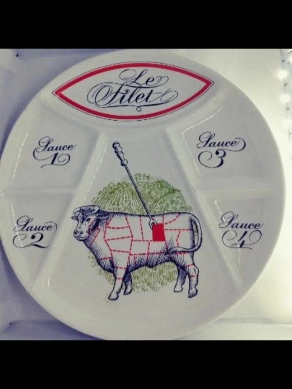 Fondue Divided Steak Sauce Plate - White with Red and Blue Accent