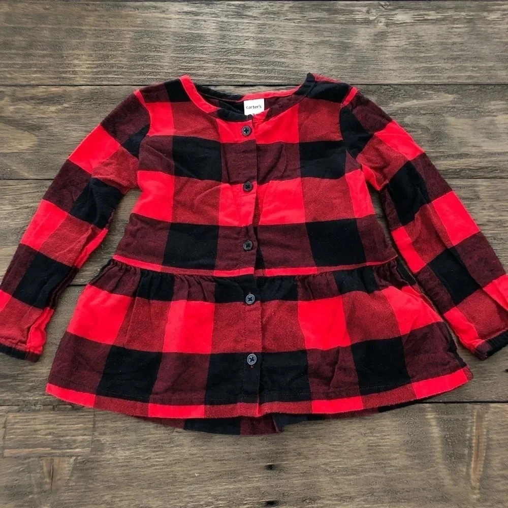Carter’s Toddler 2T Red Buffalo Check Plaid‎ Button Up Shirt Peplum Ruffle Black
