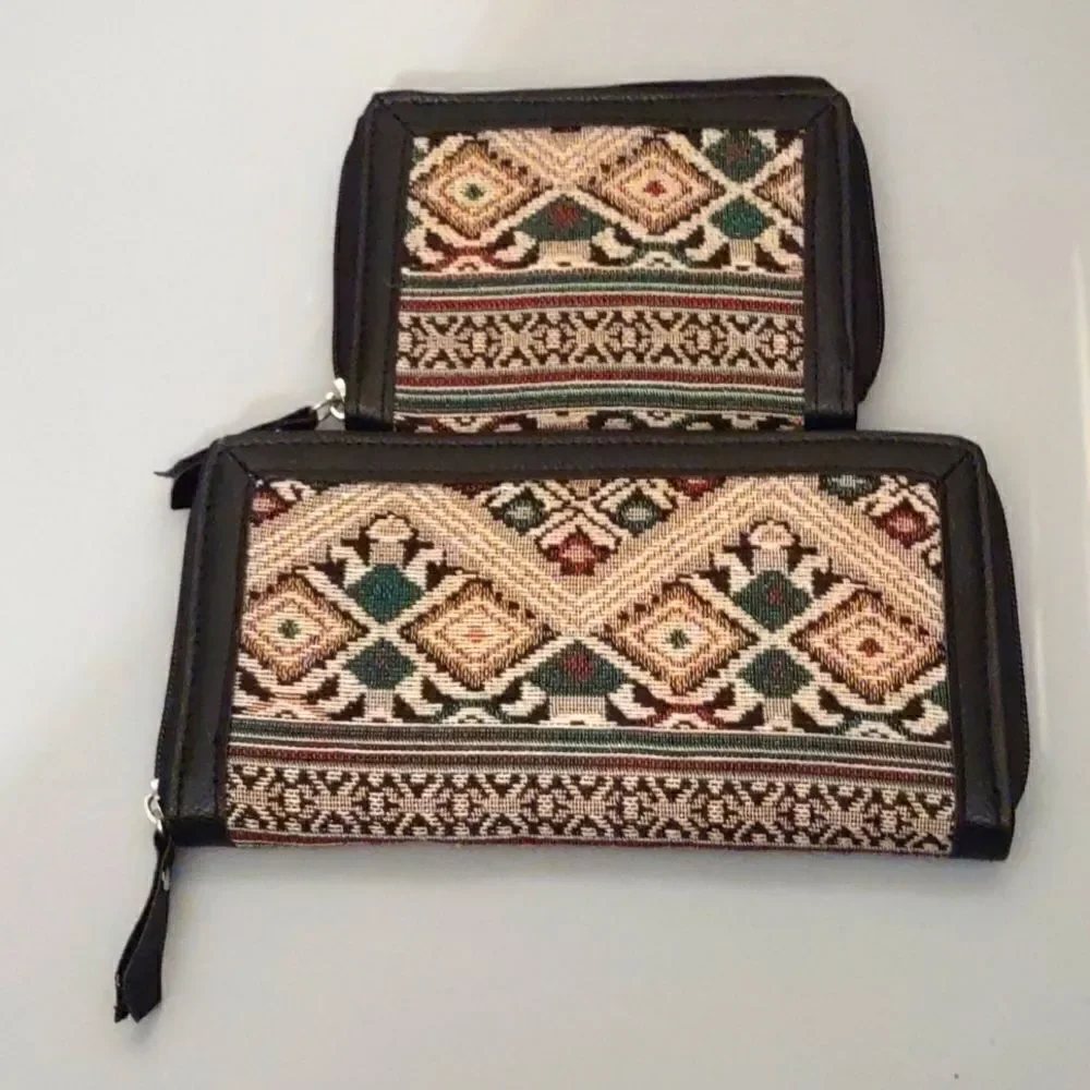 Canyon Sky Zip Credit Card Wallet Coin‎ Purse Set Tan Red Geometric Ethnic Print