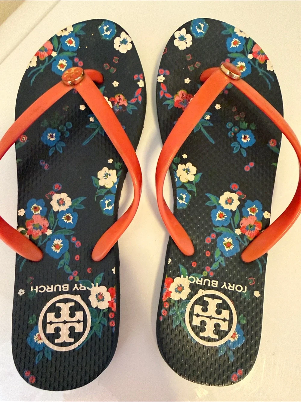 Tory Burch Floral Flip Flop Sandals with Coral Straps