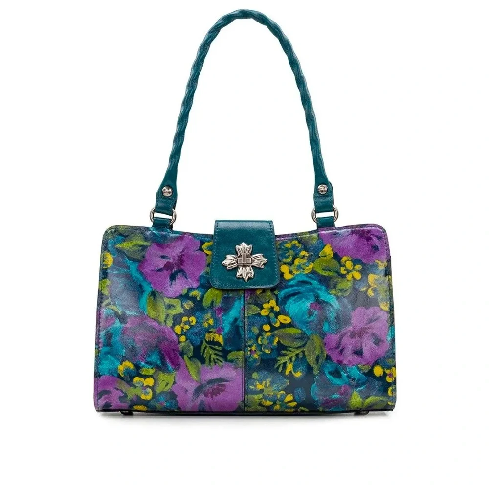 Patricia Nash Sosina Floral Leather Satchel Teal Purple Green‎ Handbag