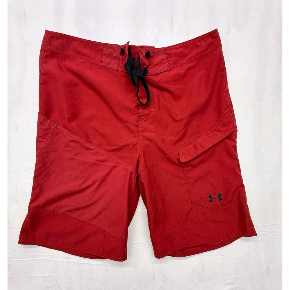 Under Armour Men's Red Solid Board Shorts Size 36 Drawstring Cargo Pocket