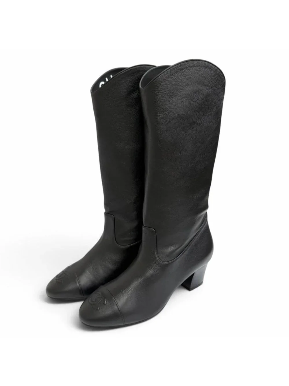 Chanel CC Logo Stitch Middle Leather Boots Jockey Black