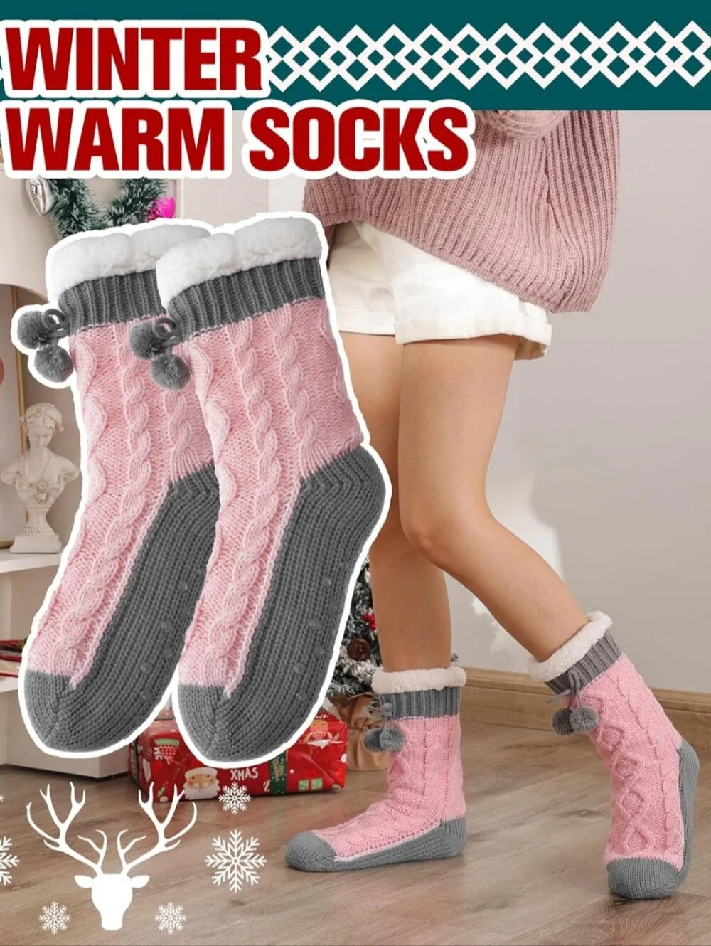 Cozy Cable Knit Fleece-Lined Women’s Slipper Socks - Pink & Gray