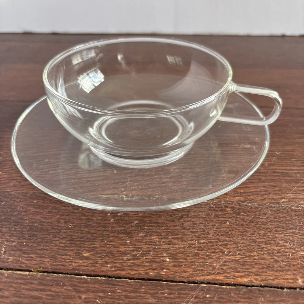 Tea Forte Tea Cup Sontu Artisan Handblown Clear Glass w/ Large Saucer 6 oz‎