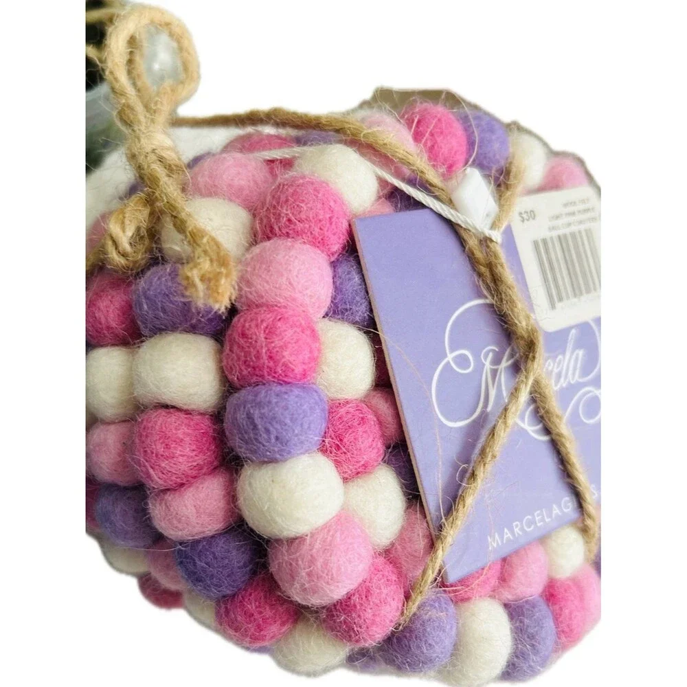 Pink Purple & White Felt Ball Four Piece Coaster Set Kitchen Dining Table Decor