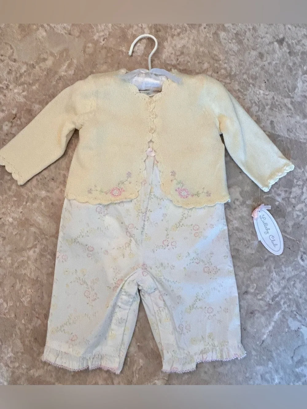 Lullaby Club Yellow Knit Cardi and Floral One-Piece for Baby Girl 6 mo