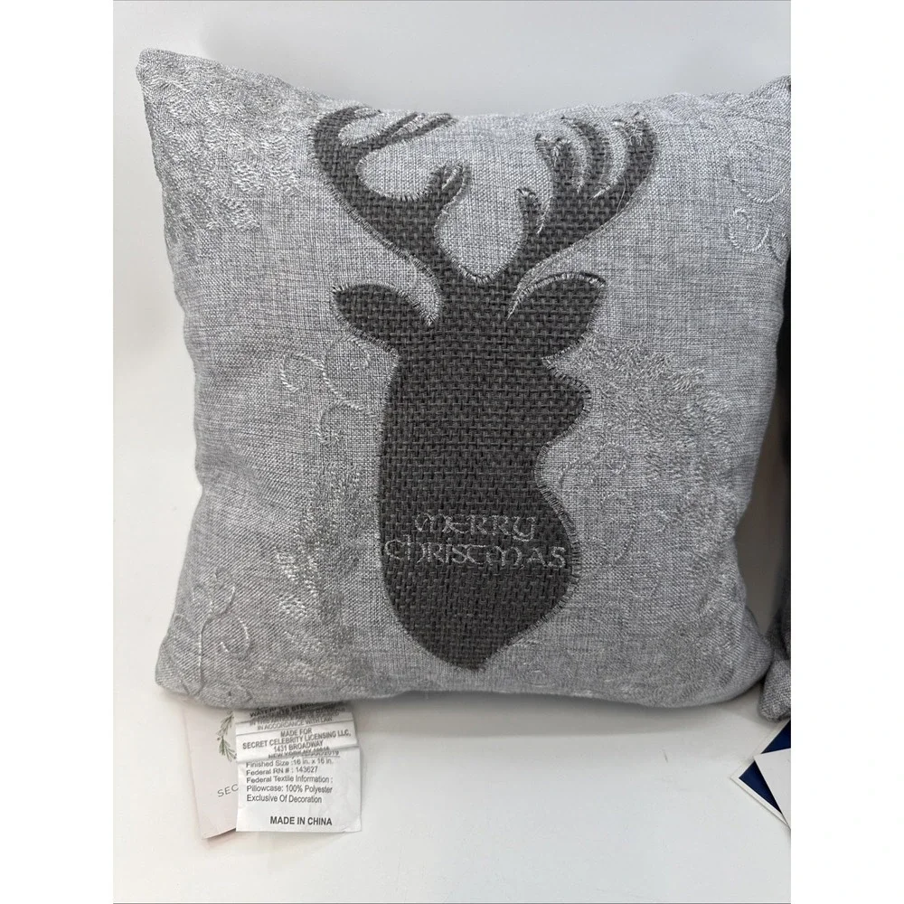 2-Secret‎ Celebrity Merry Christmas Gray Deer Embroidered Throw Pillows NWT