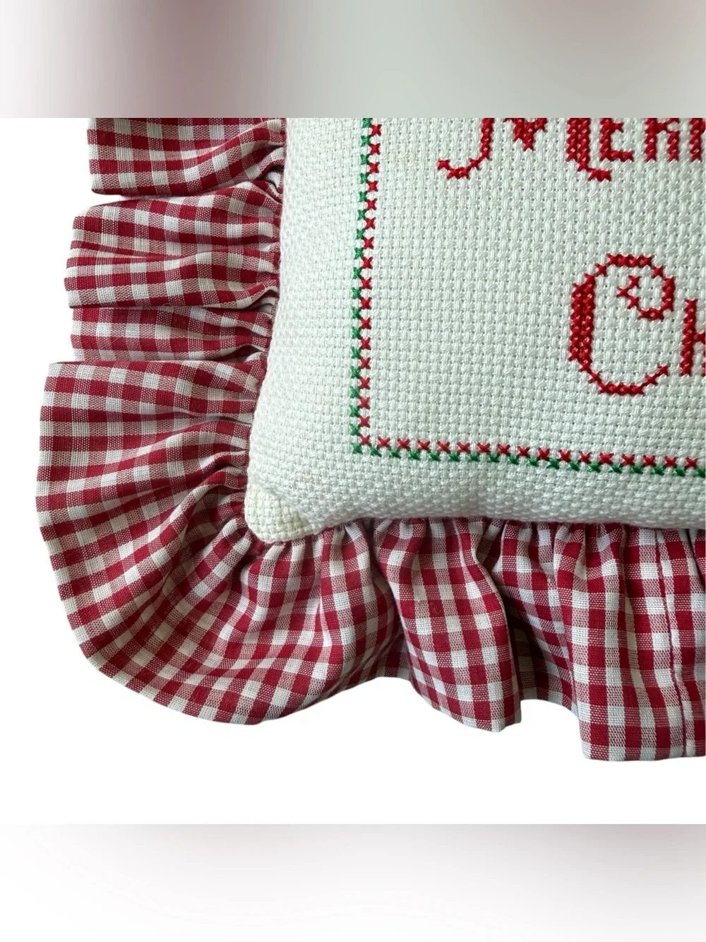 Vintage Christmas Needlework Pillow Gingham Ruffle Grandmillennial Cottage Decor