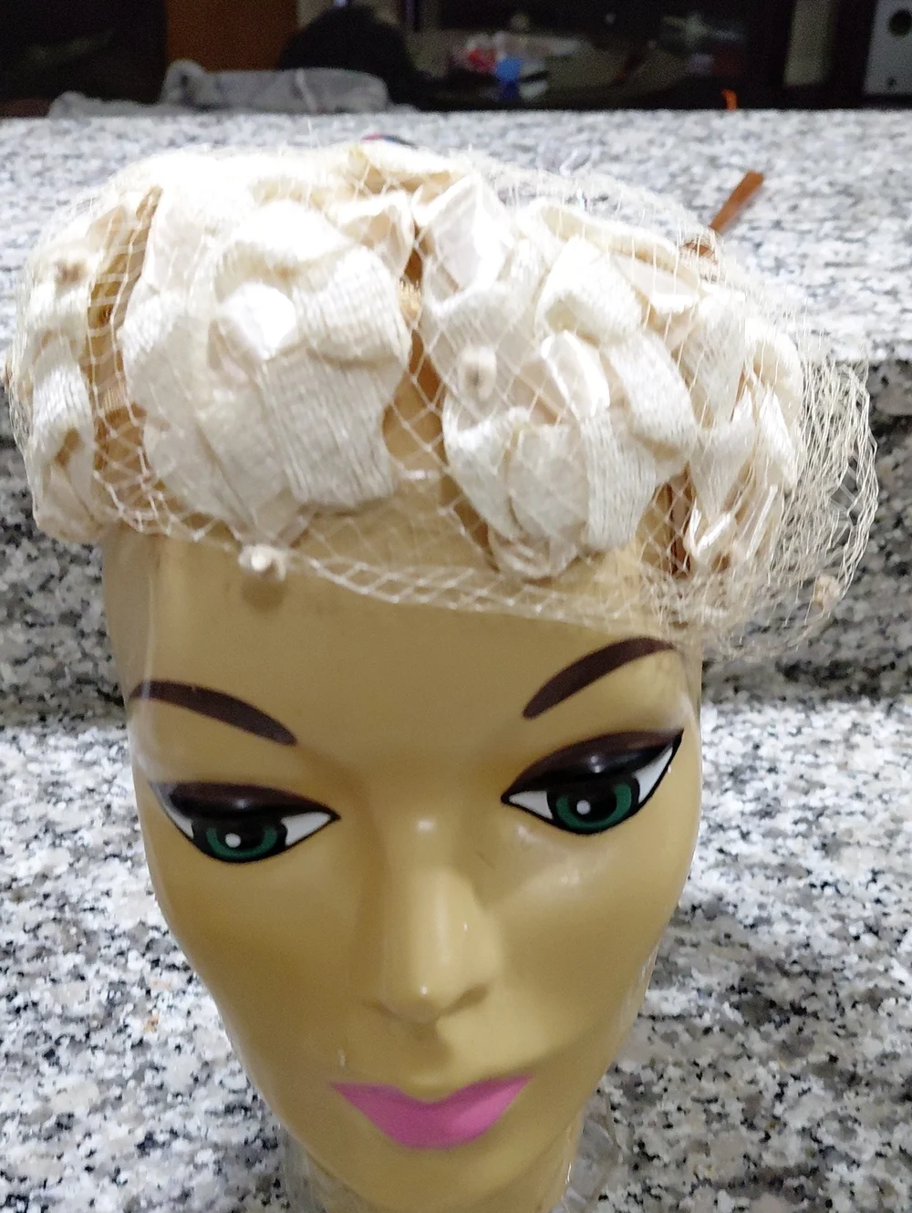 Vintage Ivory Floral Netting Pillbox Hat - Women Accessories Beige