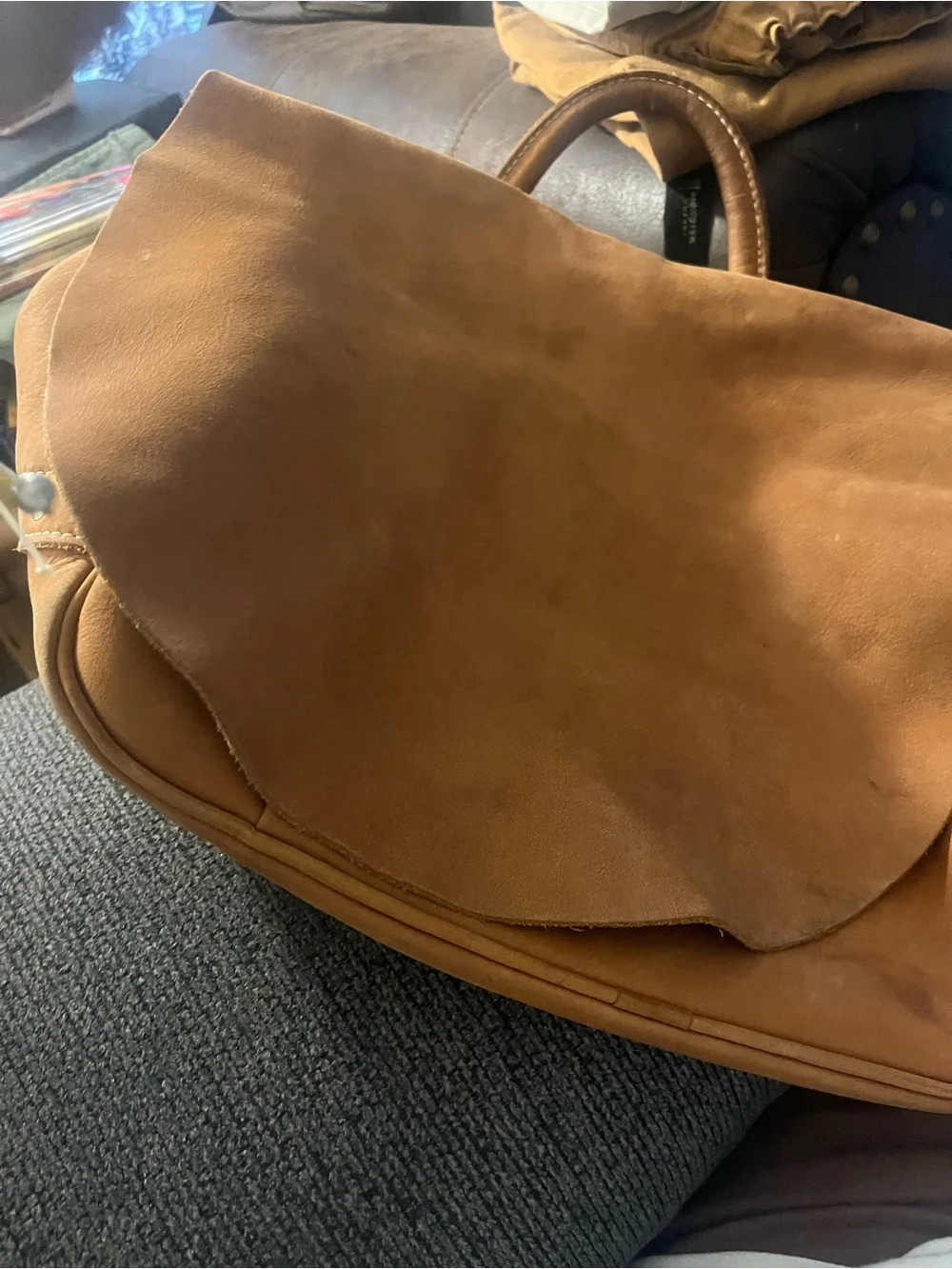 J. Peterman Tan Leather Shoulder Bag with White Stitching