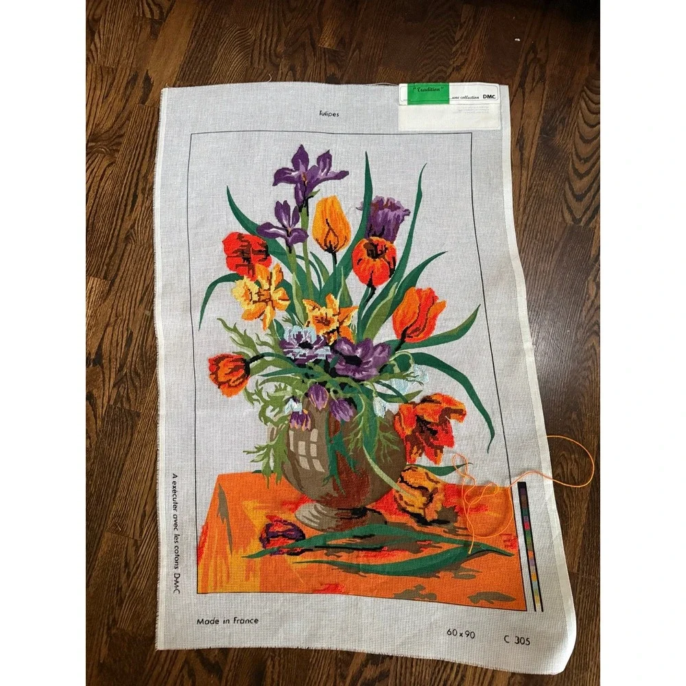 Large French Needlepoint 'tulips'. Partially finished